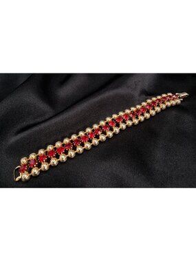 Rare Find Vintage WEISS 1960s Ruby Red Rhinestone & Gold-Tone Statement Bracelet
